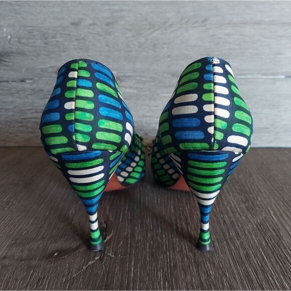 Vintage 1950's Herbert Levine Blue, Green & White Bow Pointy Pumps 7.5AA - Picture 5 of 10